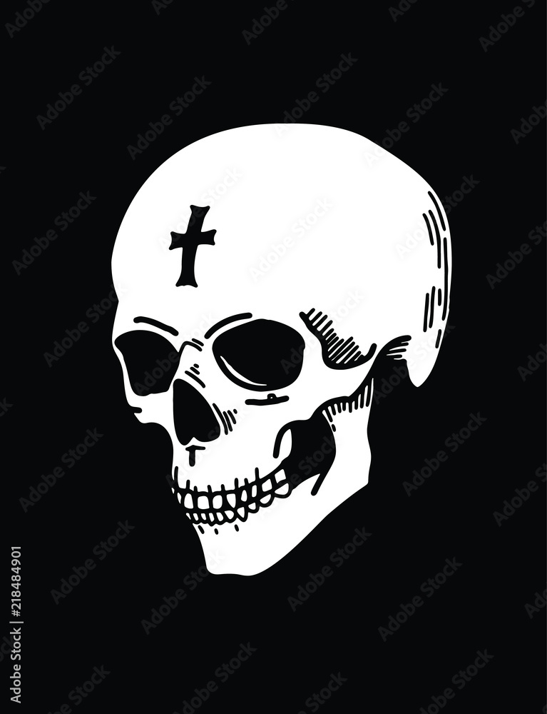 White skull on black background, a hand-drawn human skull illustration with  a cross on the forehead Stock Vector | Adobe Stock