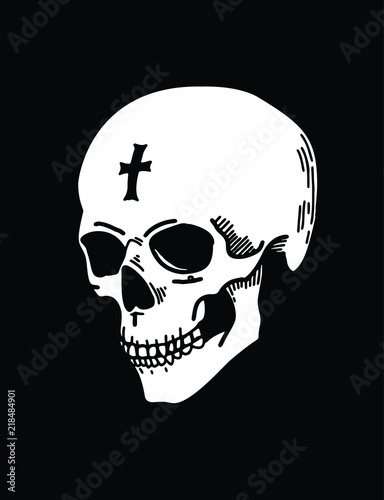 White skull on black background, a hand-drawn human skull illustration with a cross on the forehead