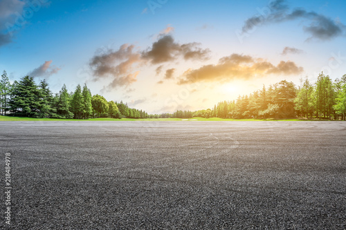 Car drift asphalt square and forest scene at sunrise © ABCDstock