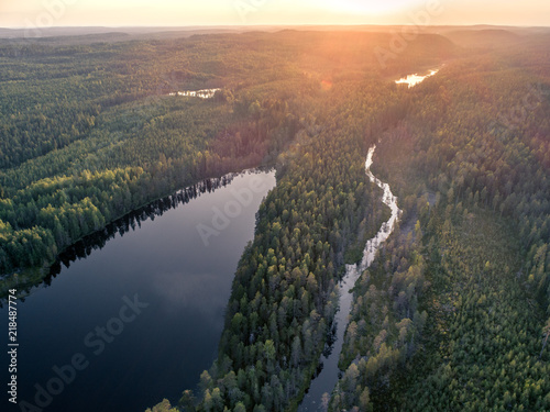 Aerial view of forest and little lake or pond in boreal aka taiga forest in Finland