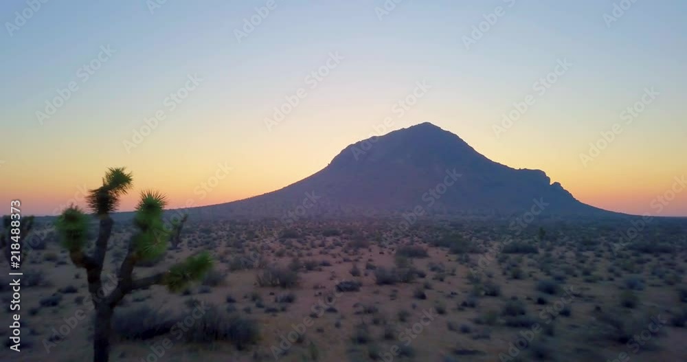 Flying past Joshua Tree Mojave Desert landscape toward silhouette butte at sunrise
