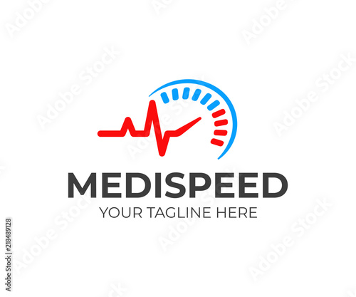 Speed medical logo design. Heartbeat line and speedometer vector design. Healthcare logotype