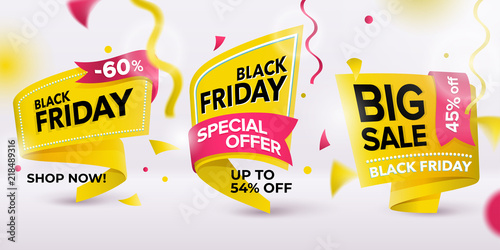 Black Friday sale 2018. Set of yellow colored stickers and banners. Geometric shapes. Realistic curved paper labels. Advertising elements. Sale banner tags. Vector illustration.