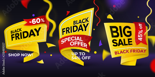Black Friday sale 2018. Set of beautiful discount and promotion tags. Realistic curved paper labels. Advertising elements. Set of yellow colored stickers and banners. Sale banner tags.