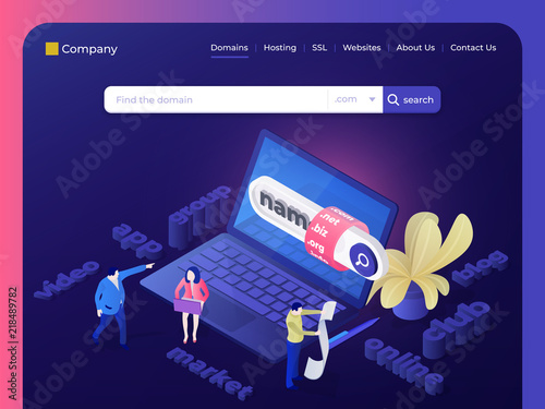 Find and buy a domain name. People choose a name for the site. Page design templates for hosting company, digital marketing, business planning on the Internet. Banner for the site. Vector illustration