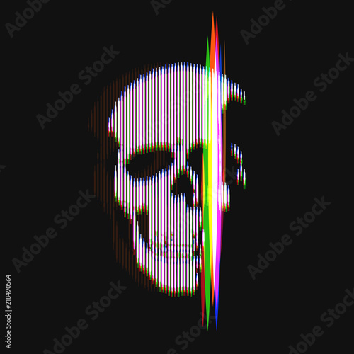 Human skull in distorted glitch style on black background. Modern design element for branding, cover, poster, print textile. Stylish vector illustration.