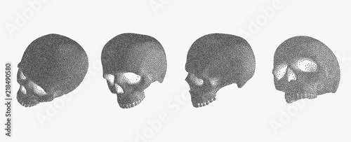 Set of hand drawn vintage skull head in dotwork style. Vector illustration. Template for for tattoo, poster, card, t-shirt. Retro design.