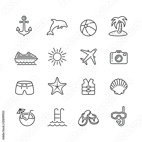 Holiday and summer related icons: thin vector icon set, black and white kit