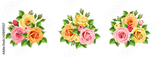 Vector set of pink, orange and yellow roses isolated on a white background.
