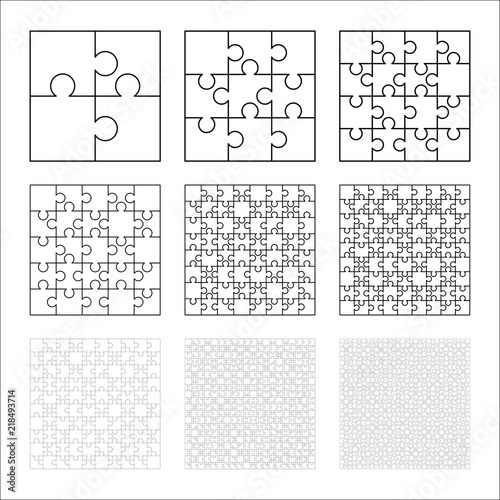 Large set of white puzzles pieces in square shape. Jigsaw Puzzle template ready for print. Cutting guidelines on white