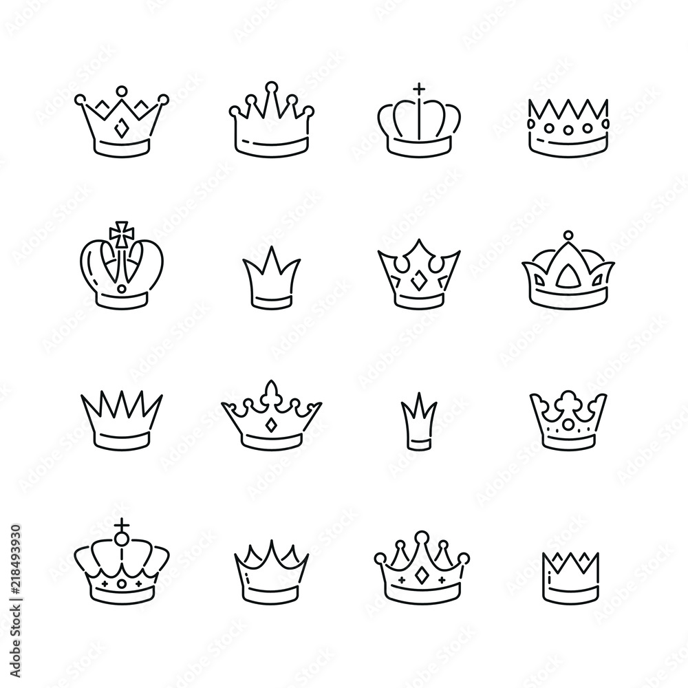 Crown related icons: thin vector icon set, black and white kit Crown related icons: thin vector icon set, black and white kit