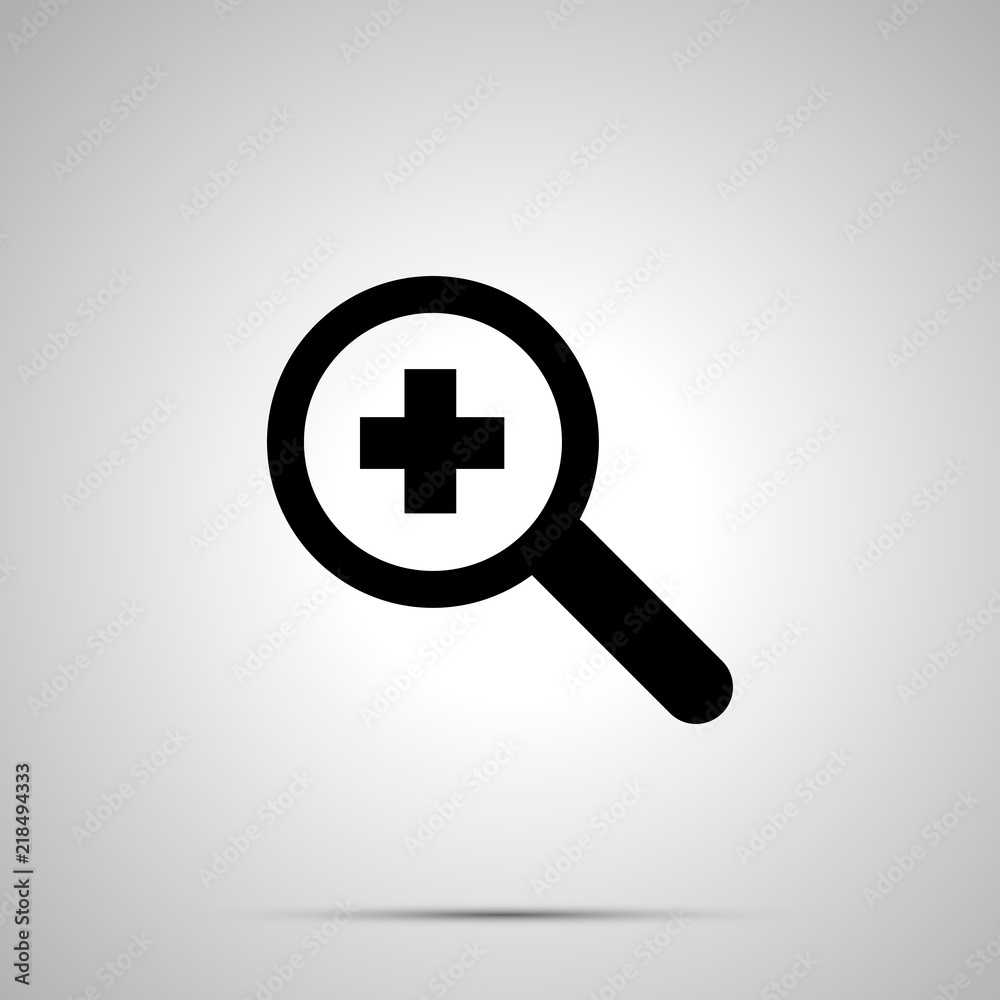 Magnifying glass with plus symbol, zoom-in simple black icon with shadow on gray Magnifying glass with plus symbol, zoom-in simple black icon with shadow on gray