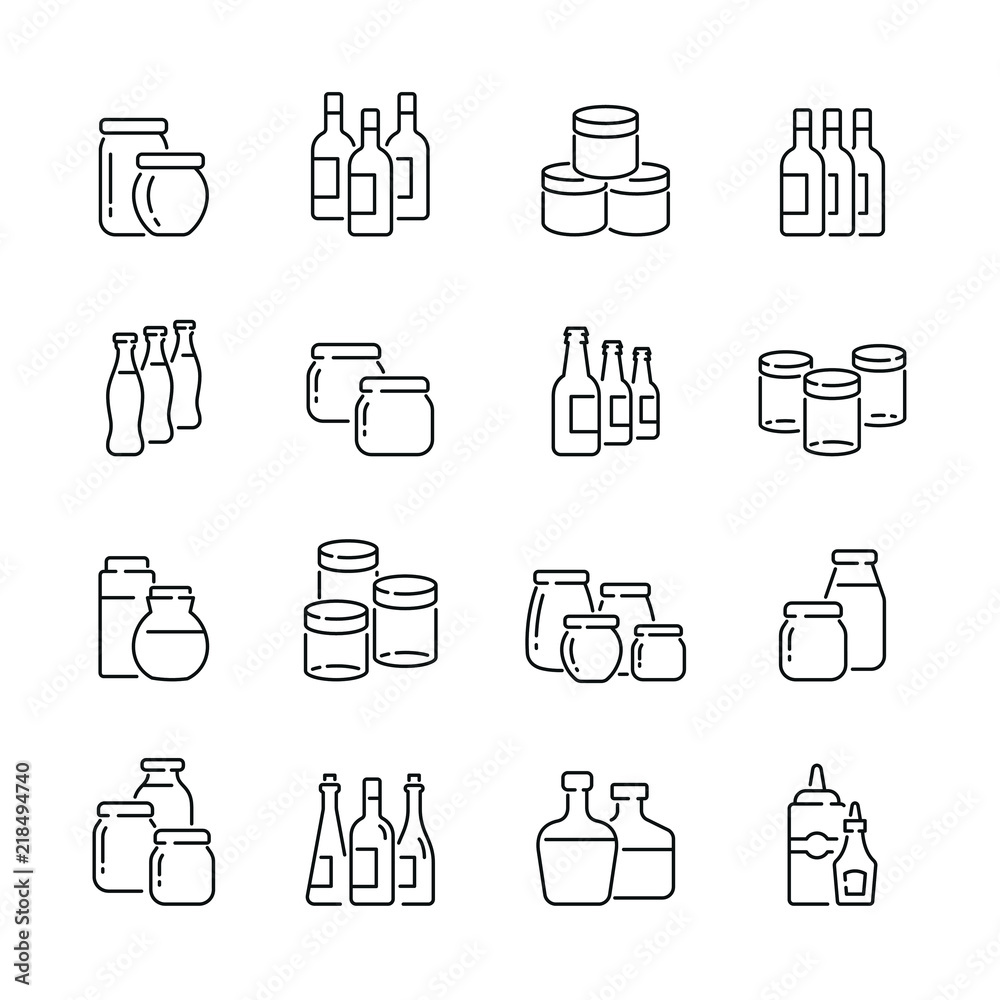 Jars and bottles related icons: thin vector icon set, black and white kit Jars and bottles related icons: thin vector icon set, black and white kit