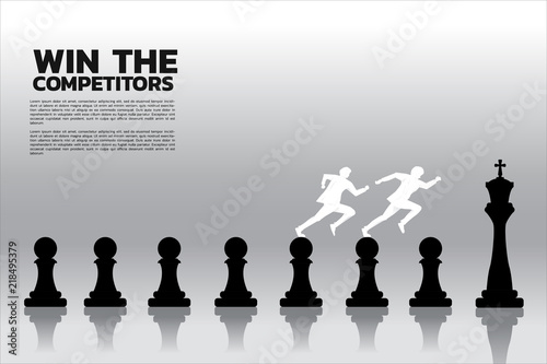 racing of  silhouette of businessman running on chess piece from pawn to king with graph background. Concept of Goal, Mission, Vision, Career path and strategy. competition in business