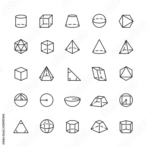 Geometric and trigonometric related icons: thin vector icon set, black and white kit