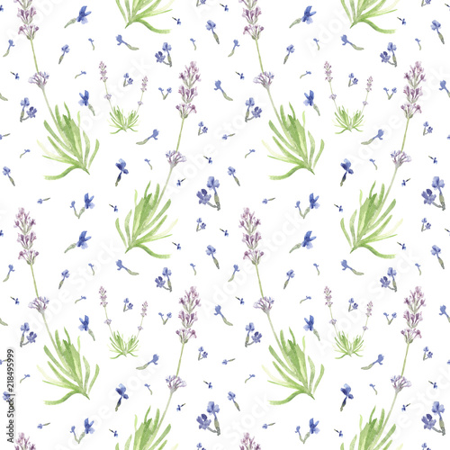 Hand drawn watercolor seamless pattern of spring color lavender. Illustration of cute country field flowers.
