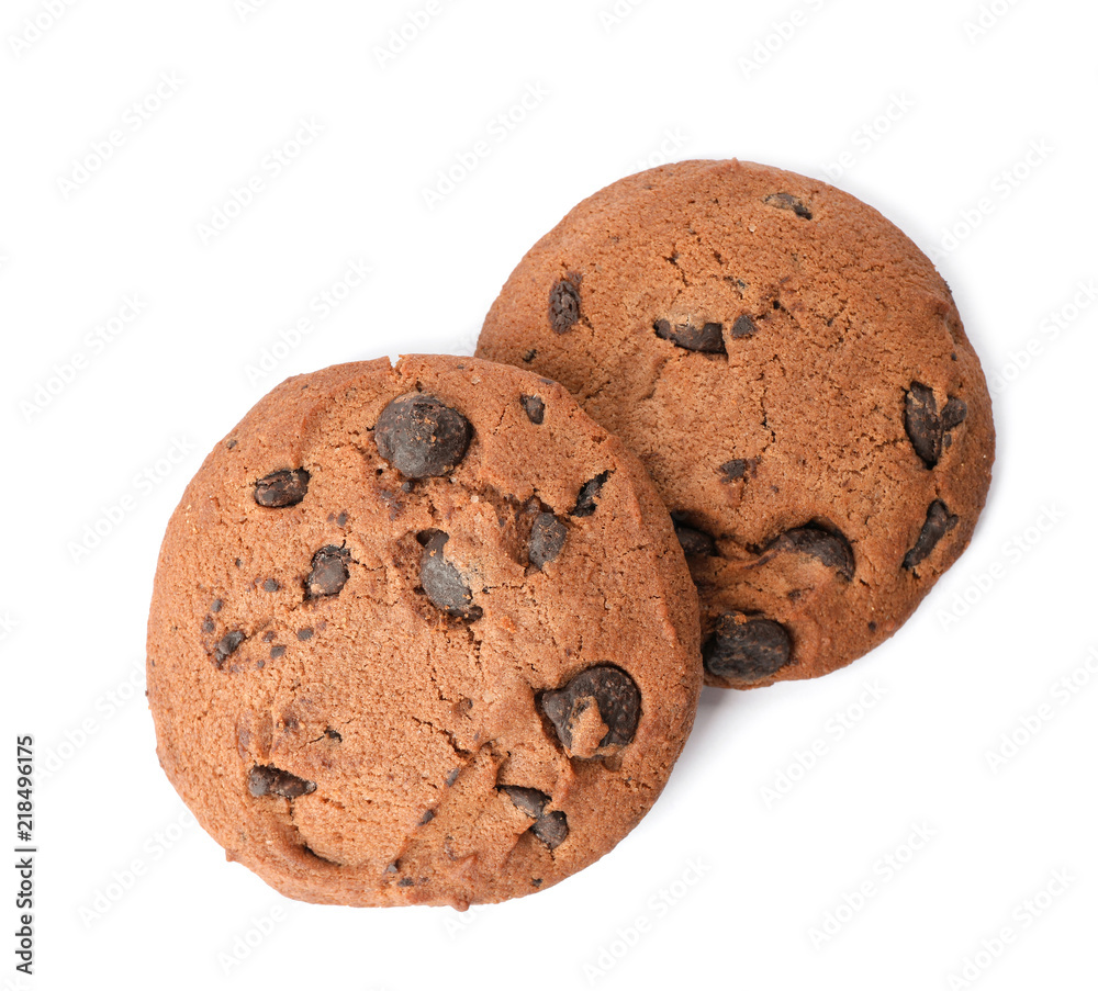 Tasty cookies with chocolate chips on white background, top view Tasty cookies with chocolate chips on white background, top view