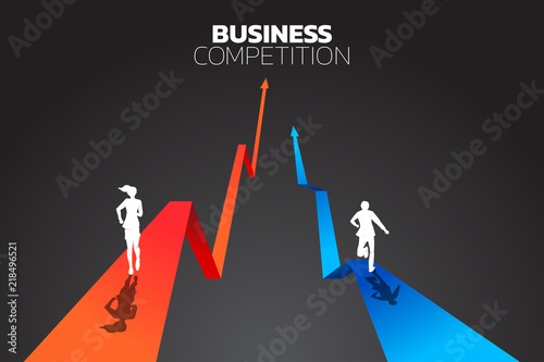 competition of two silhouette of businessman and businesswoman running with arrow. business concept for competition