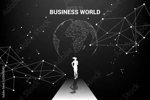 business competition world. Silhouette of businesswomen running on track to world shaped from dot and line connected