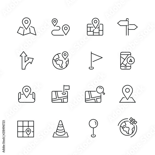Navigation and maps related icons: thin vector icon set, black and white kit