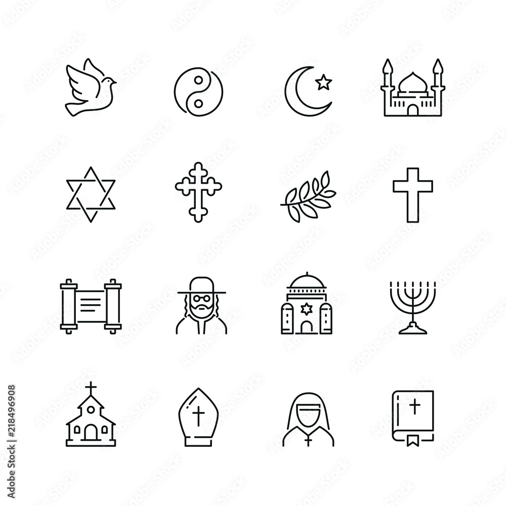 Naklejka premium Religion related icons: thin vector icon set, black and white kit