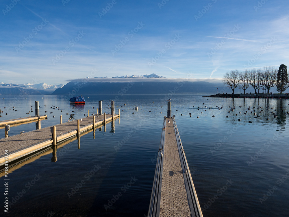 Obraz premium Winter lake in sunny day with blue sky, boats and birds. Geneva lake or Lac Leman in late summer and beginning of autumn in Lausanne, Switzerland