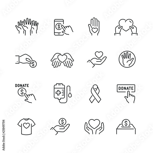 Volunteering and donations related icons: thin vector icon set, black and white kit
