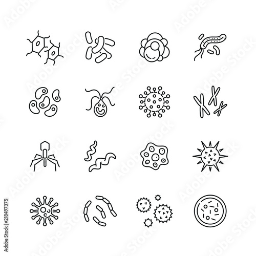 Bacteria and virus related icons: thin vector icon set, black and white kit