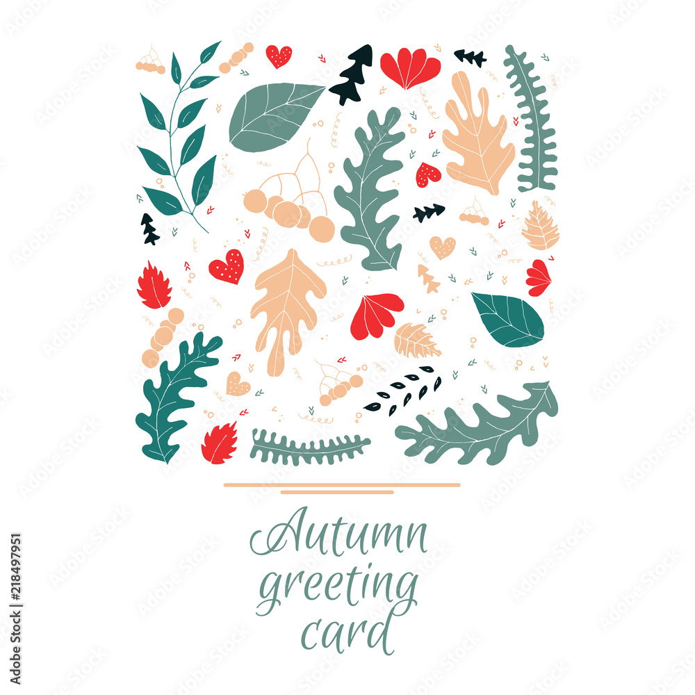 Autumn greeting card in hand drawn style. Autumn concept. Vector illustration.