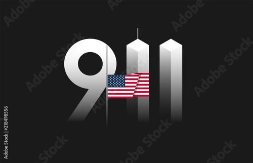 9/11 Patriot Day, September 11 vector illustration with the flag of the United States flown at half-staff, 911 art on black background