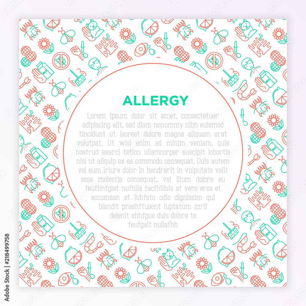 Allergy concept with thin line icons: runny nose, dust, streaming eyes, lactose intolerance, citrus, seafood,gluten free, dust mite, flower, mold, edema. Vector illustration, print media template. Allergy concept with thin line icons: runny nose, dust, streaming eyes, lactose intolerance, citrus, seafood,gluten free, dust mite, flower, mold, edema. Vector illustration, print media template.