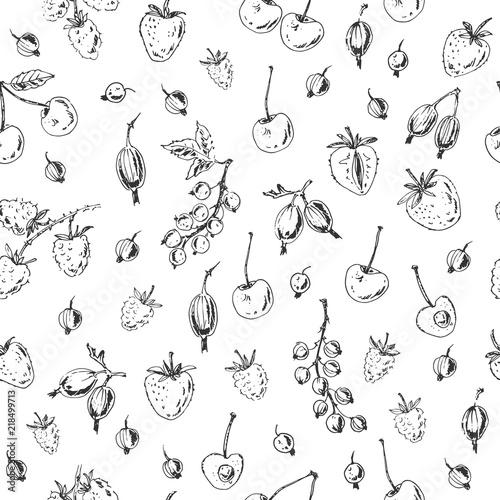 Vector seamless pattern. Hand drawn ink sketch of garden berries.