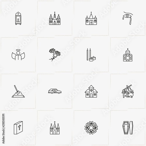 Funeral line icon set with church , interment and funeral car