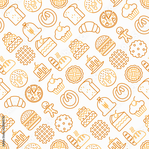 Bakery seamless pattern with thin line icons: toast bread, pancakes, flour, croissant, donut, pretzel, cookies, gingerbread man, cupcake, burger, apple pie, pizza, waffle. Modern vector illustration.