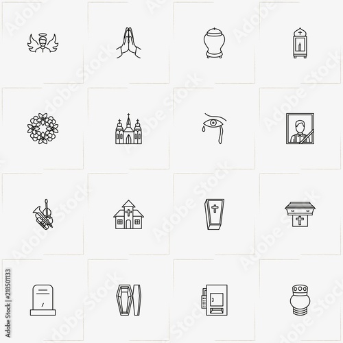 Funeral line icon set with music instruments, coffin and tombstone