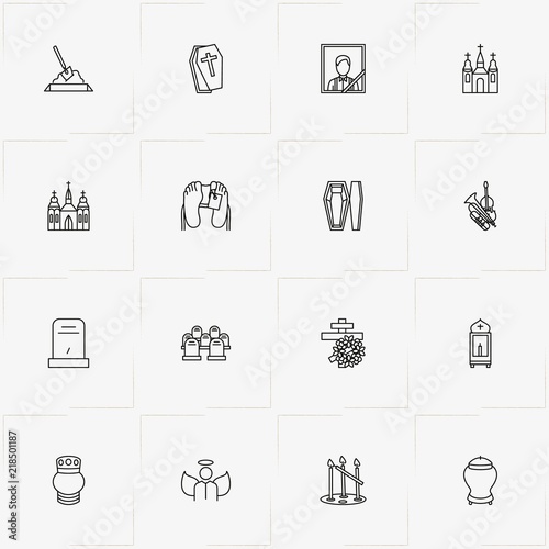 Funeral line icon set with funeral portrait , interment and coffin