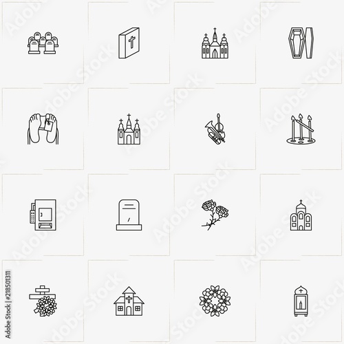 Funeral line icon set with wreath, coffin and crematory