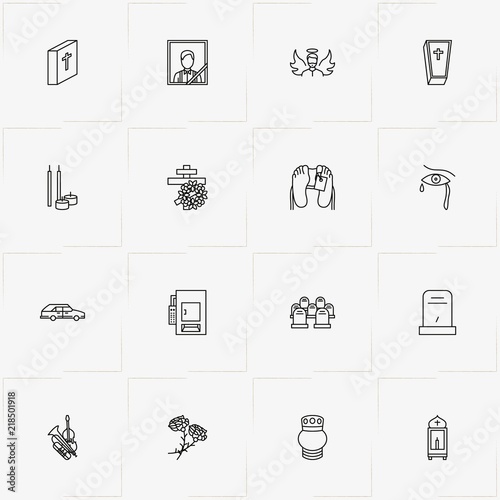 Funeral line icon set with funeral portrait , tombstone and morgue