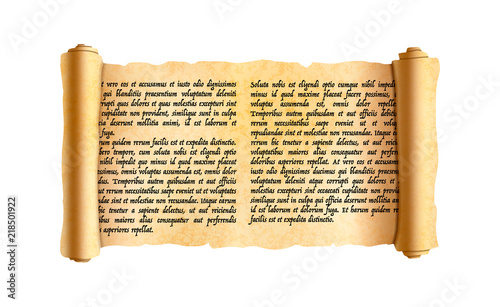 Old textured wide papyrus scroll with ancient latin text without any sense isolated on white
