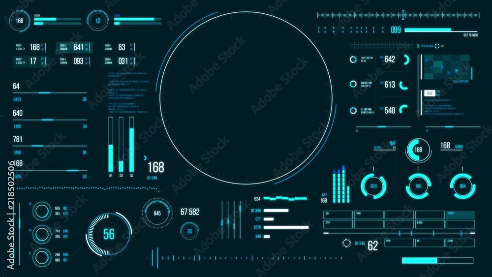 Futuristic user interface with HUD and infographic elements. Looped motion virtual technology background. Intelligent head-up display dashboard for business, games, motion design, web and app.
