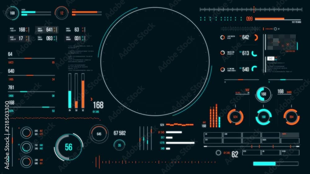 Futuristic user interface with HUD and infographic elements. Looped motion virtual technology background. Intelligent head-up display dashboard for business, games, motion design, web and app.
