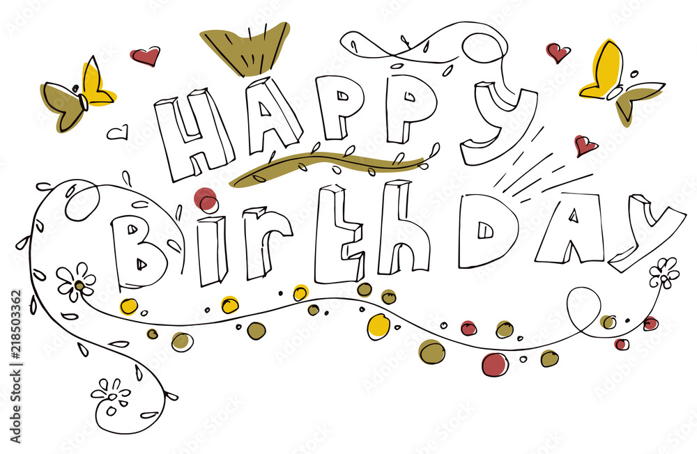 Obraz premium Postcard with happy birthday words on it. Cute decoration for the holiday with nice handdrawn elements