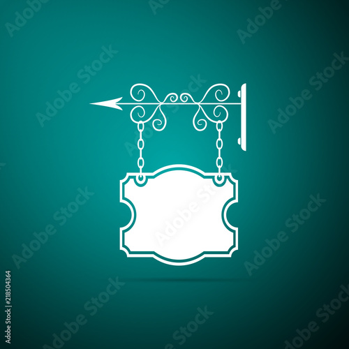 Vintage street signboard hanging on forged brackets icon isolated on green background. Retro graphic forged signboard. Suitable for advertisements bar, cafe, pub, restaurant. Vector Illustration