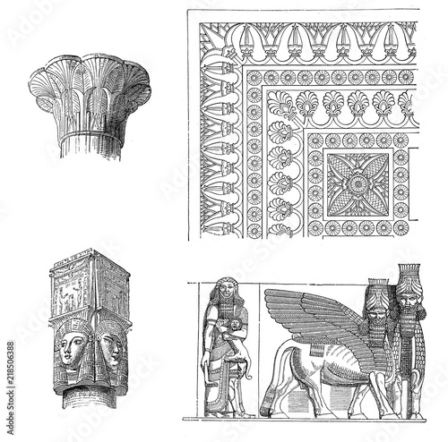 Ancient civilizations art and architecture: capital of Esna, capital of Dendera, floor ornament  and reliefs of the portal of Khorsabad photo