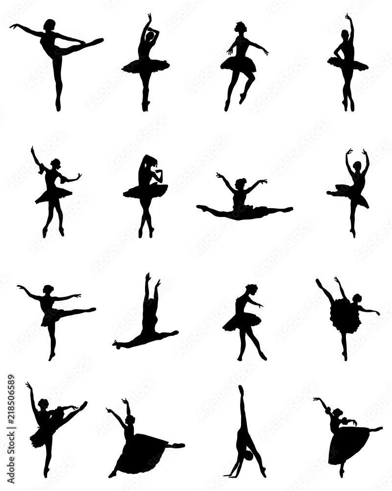 Black silhouettes of ballerinas on white background, vector