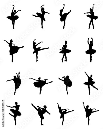 Black silhouettes of ballerinas on white background, vector