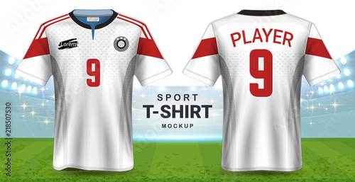 Soccer Jersey and Sportswear T-Shirt Mockup Template, Realistic Graphic Design Front and Back View for Football Kit Uniforms, Easy Possibility to Apply Your Artwork, Text, Image, Logo (Eps10 Vector)
