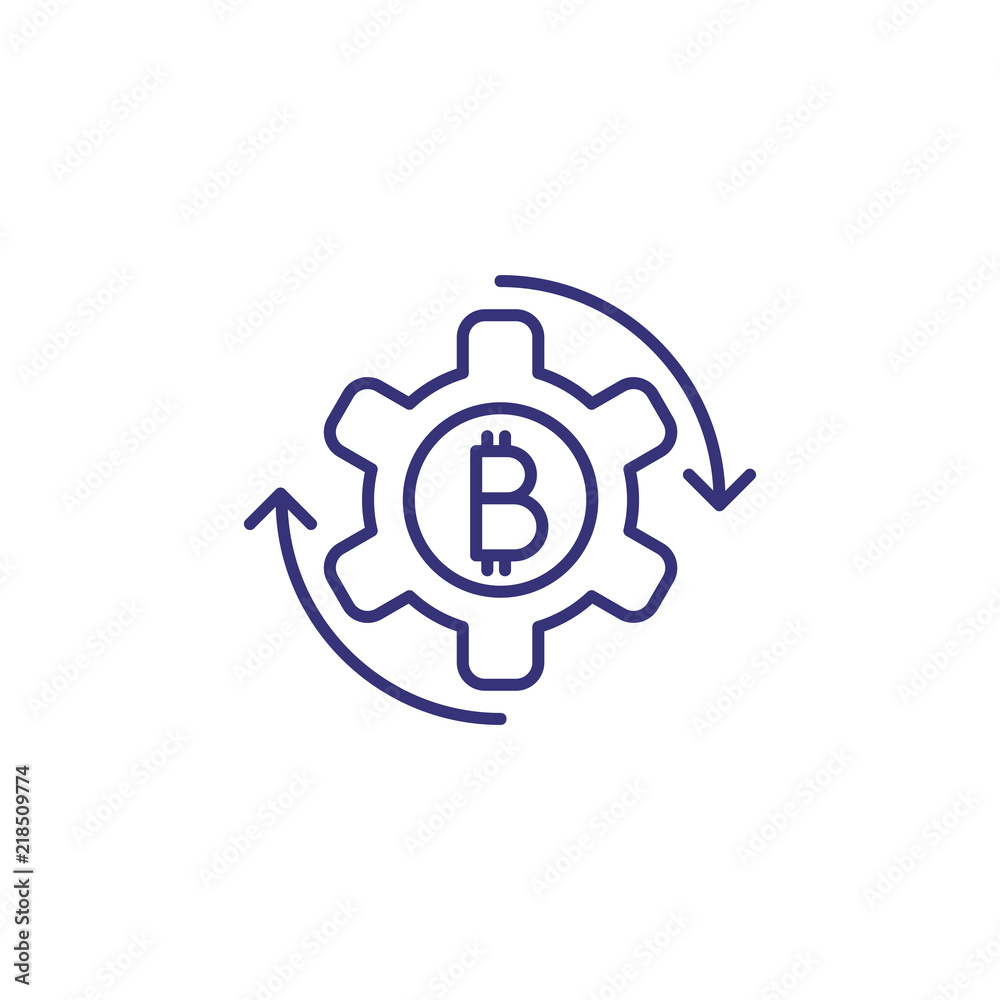 Bitcoin symbol in cogwheel line icon. Bitcoin working, bitcoin development, digital money. Cryptocurrency concept. Vector illustration can be used for topics like e-commerce, money, internet Bitcoin symbol in cogwheel line icon. Bitcoin working, bitcoin development, digital money. Cryptocurrency concept. Vector illustration can be used for topics like e-commerce, money, internet