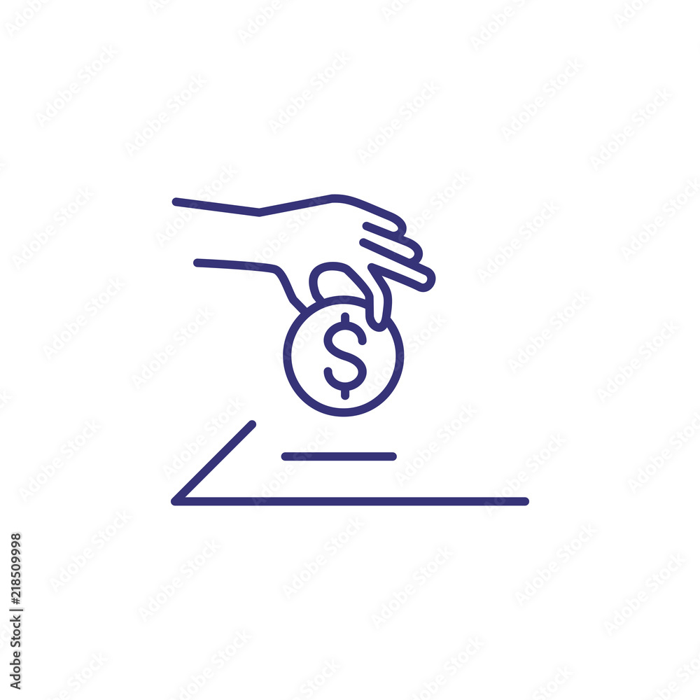 Hand putting coin into slot line icon. Contribution, donation box, saving. Bank concept. Vector illustration can be used for topics like finance, money, charity
