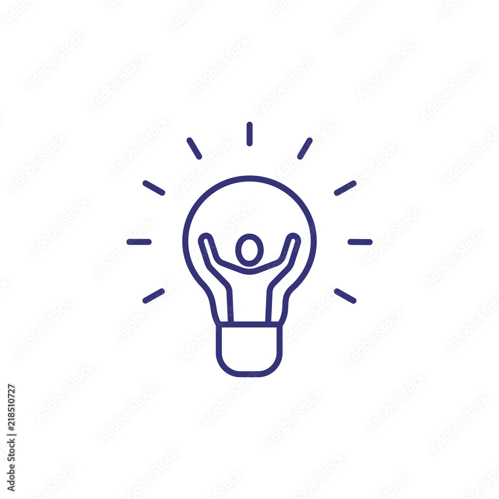 Human idea line icon. Male character raising hands inside lightbulb. Creativity concept. Can be used for topics like eureka, business, idea for startup Human idea line icon. Male character raising hands inside lightbulb. Creativity concept. Can be used for topics like eureka, business, idea for startup